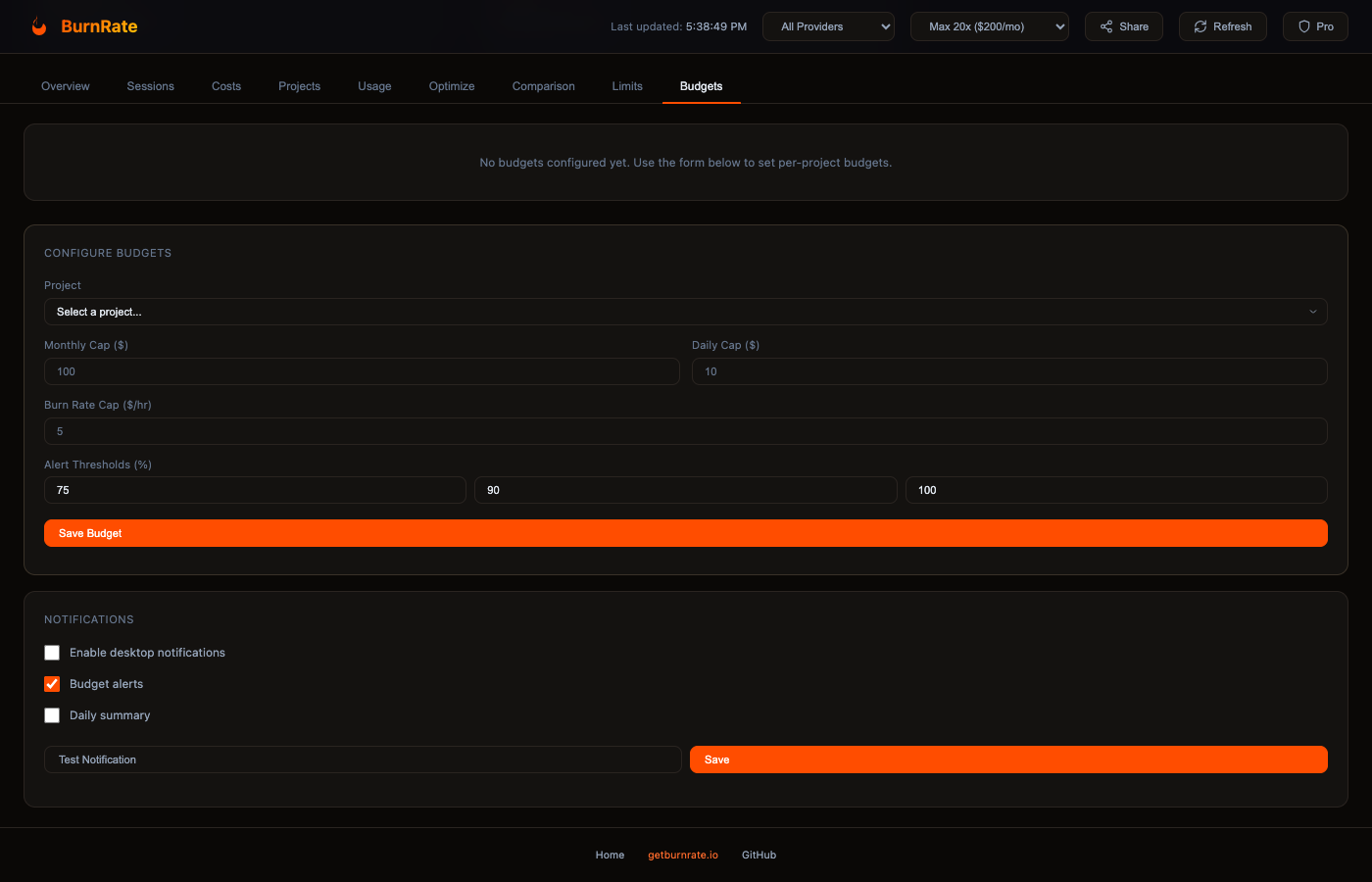 Budget management with spending caps and alert configuration
