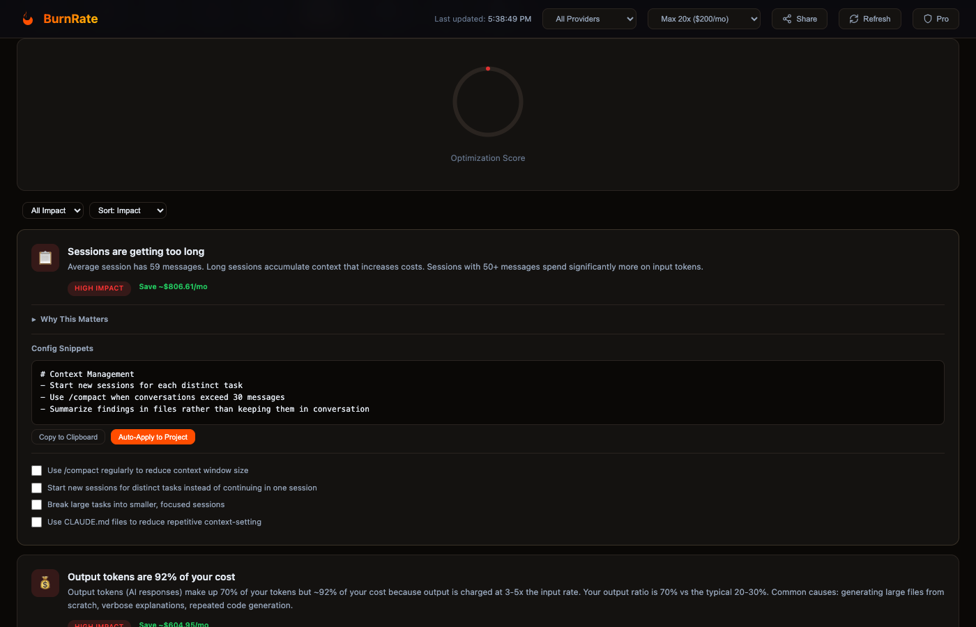 Optimization engine with actionable savings recommendations
